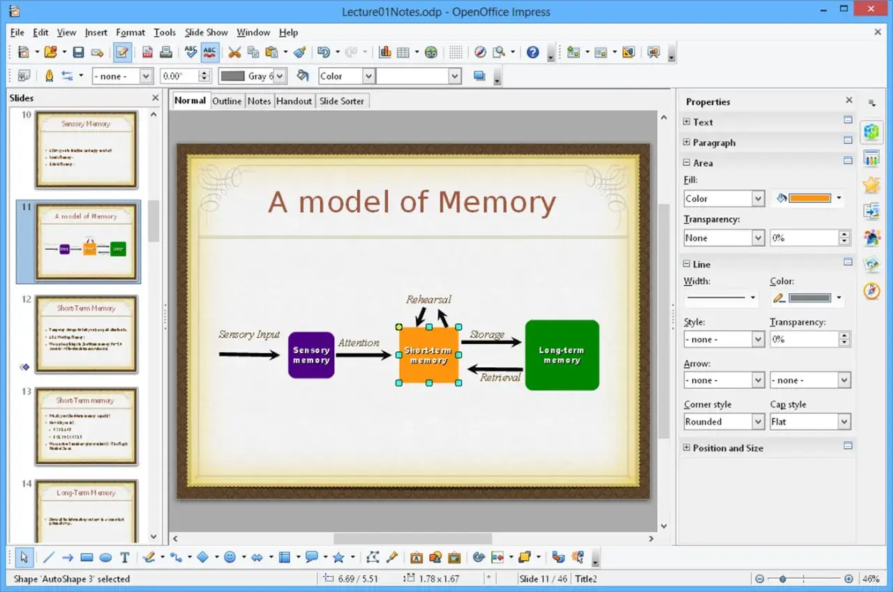 Un étudiant utilise OpenOffice Impress pour créer une présentation sur un modèle de mémoire, montrant les étapes de la mémoire sensorielle, à court terme et à long terme.