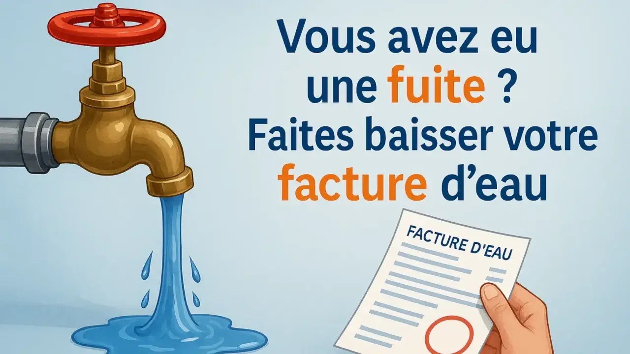 Robinet qui coule, symbolisant la surconsommation d'eau. Une facture d'eau est tenue par une main, suggérant une facture élevée due au gaspillage.