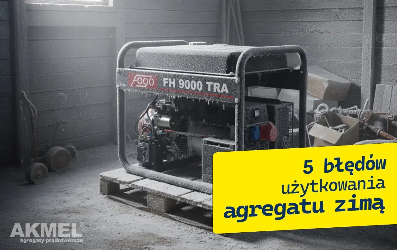 Agregat prądotwórczy Fogo FH 9000 TRA pokryty szronem. Żółty prostokąt z napisem "5 błędów użytkowania agregatu zimą".