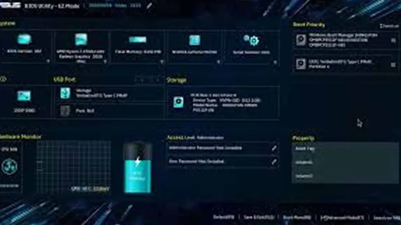 Ekran **UEFI** BIOS-u ASUS z opcjami bootowania, monitorowania sprzętu i ustawieniami.