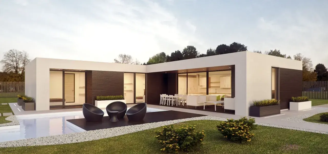 Moderne Fertighaus Beispiele mit Pool und Terrasse. Ein stilvolles Haus mit großen Glasflächen und minimalistischem Design.