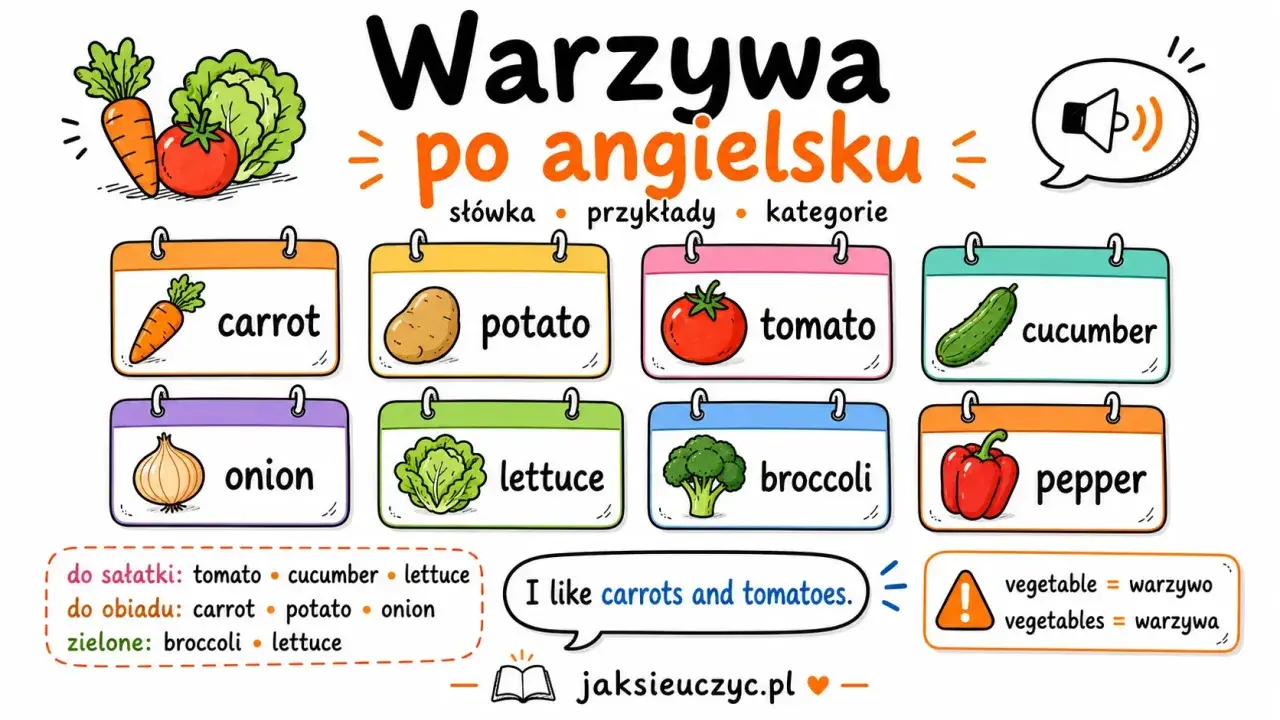 Kolory warzyw po angielsku: carrot, potato, tomato, cucumber, onion, lettuce, broccoli, pepper. Ucz się słówek!