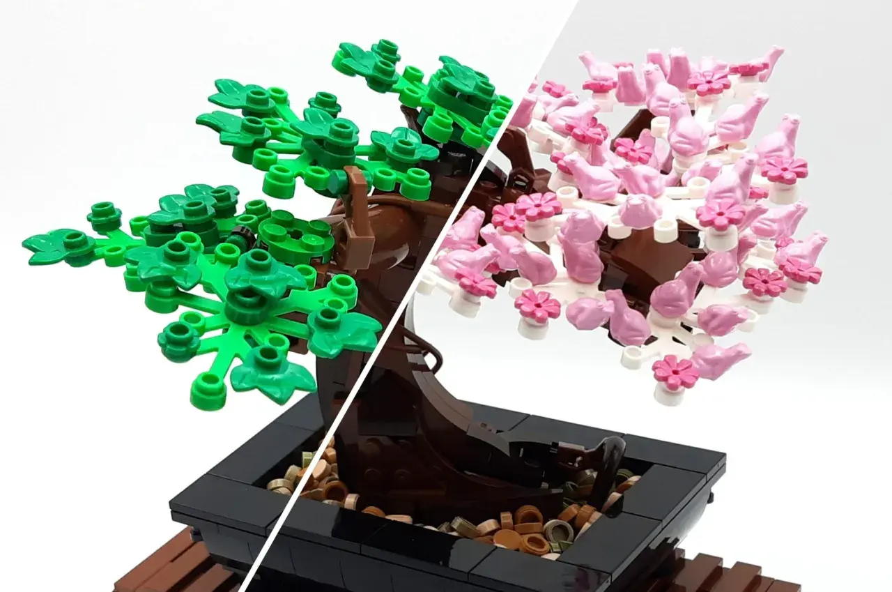 Zwei LEGO Bonsai Bäume, einer grün, einer rosa blühend. Die Anleitung für den LEGO Bonsai ist hier zu sehen.