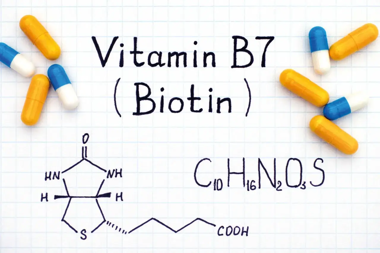 Biotin (Vitamin B7) Kapseln und chemische Formel. Biotin wirkung psyche: Dieses Vitamin ist wichtig für Nerven und Stoffwechsel.