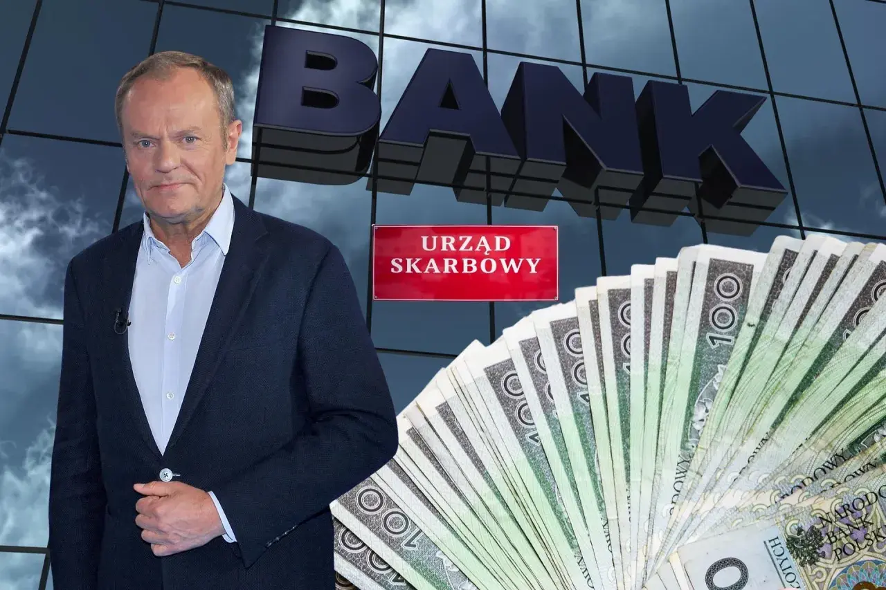Polityk przy banku i urzędzie skarbowym, obok stos banknotów. Czy to zapowiedź zmian w kwocie wolnej od podatku?