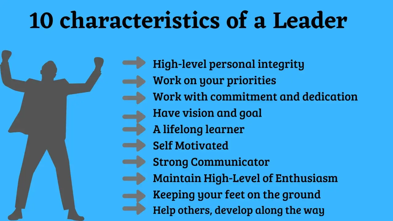 A silhouette of a triumphant person stands beside a list of 10 characteristics of a good leader, including integrity, vision, and communication.