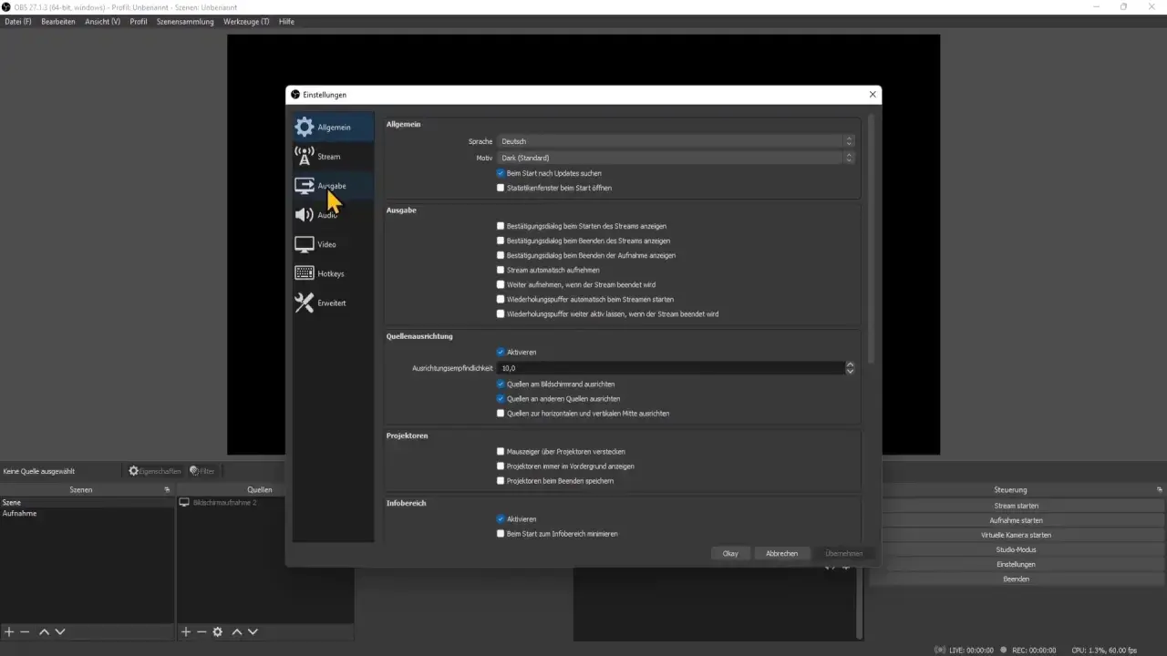 OBS-Einstellungen: Ausgabe-Tab, wo man obs bitrate einstellen kann. Hier werden Stream- und Aufnahmeoptionen konfiguriert.