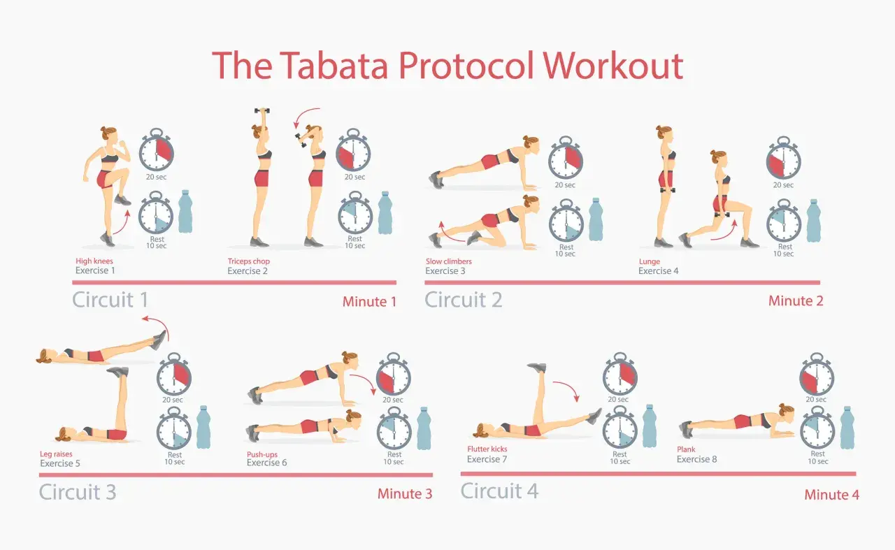 Schema per allenamento Tabata a casa: esercizi come high knees, triceps chop, slow climbers, lunge, leg raises, push-ups, flutter kicks e plank, con intervalli di 20 sec di lavoro e 10 sec di riposo.