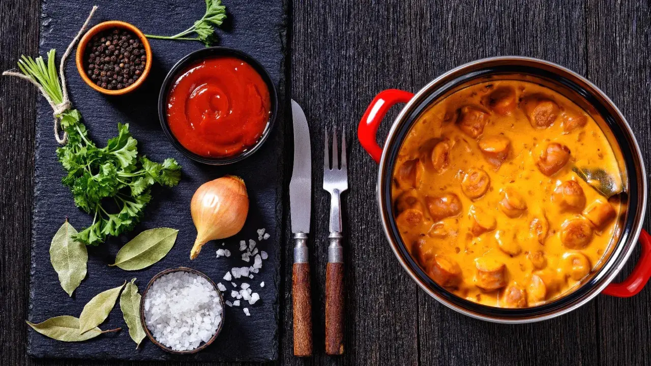 Pyszne parówki w sosie śmietanowym – idealny pomysł, co zrobić z parówek na obiad. Obok składniki: cebula, ketchup, przyprawy.