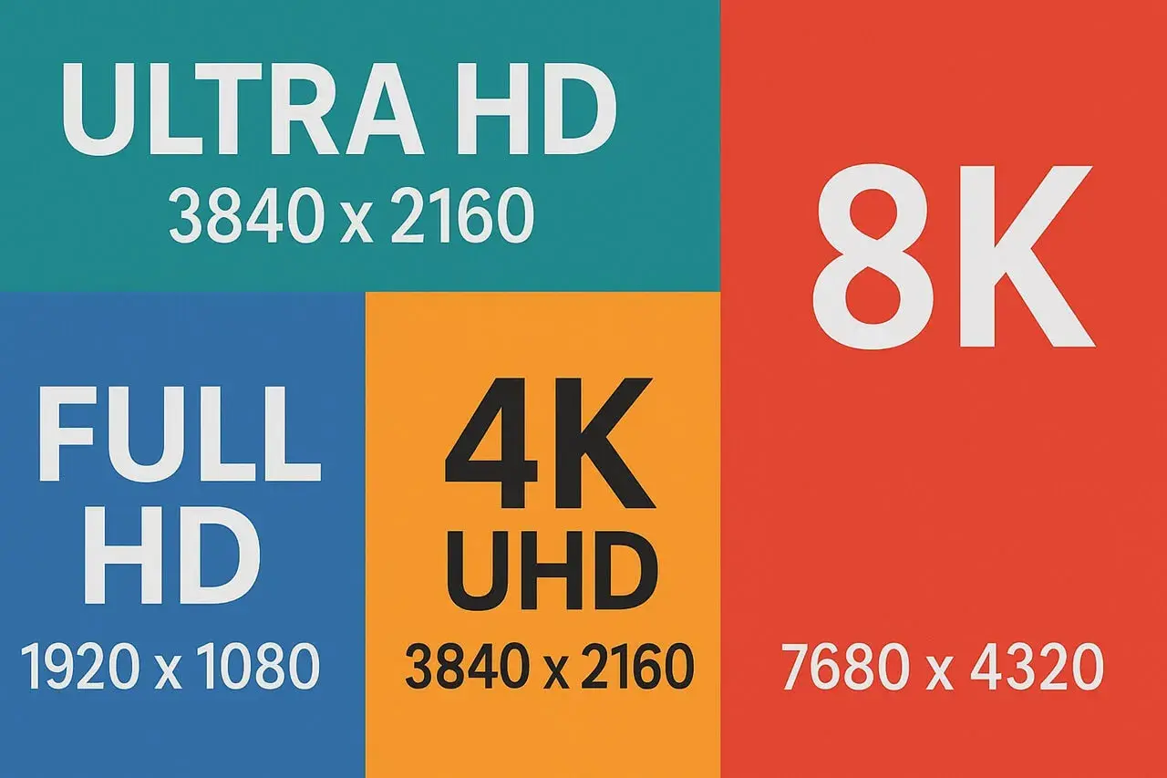 Porównanie rozdzielczości: Full HD (1920x1080), Ultra HD (3840x2160), 4K UHD (3840x2160) i 8K (7680x4320). Wyższa jakość obrazu w hd.