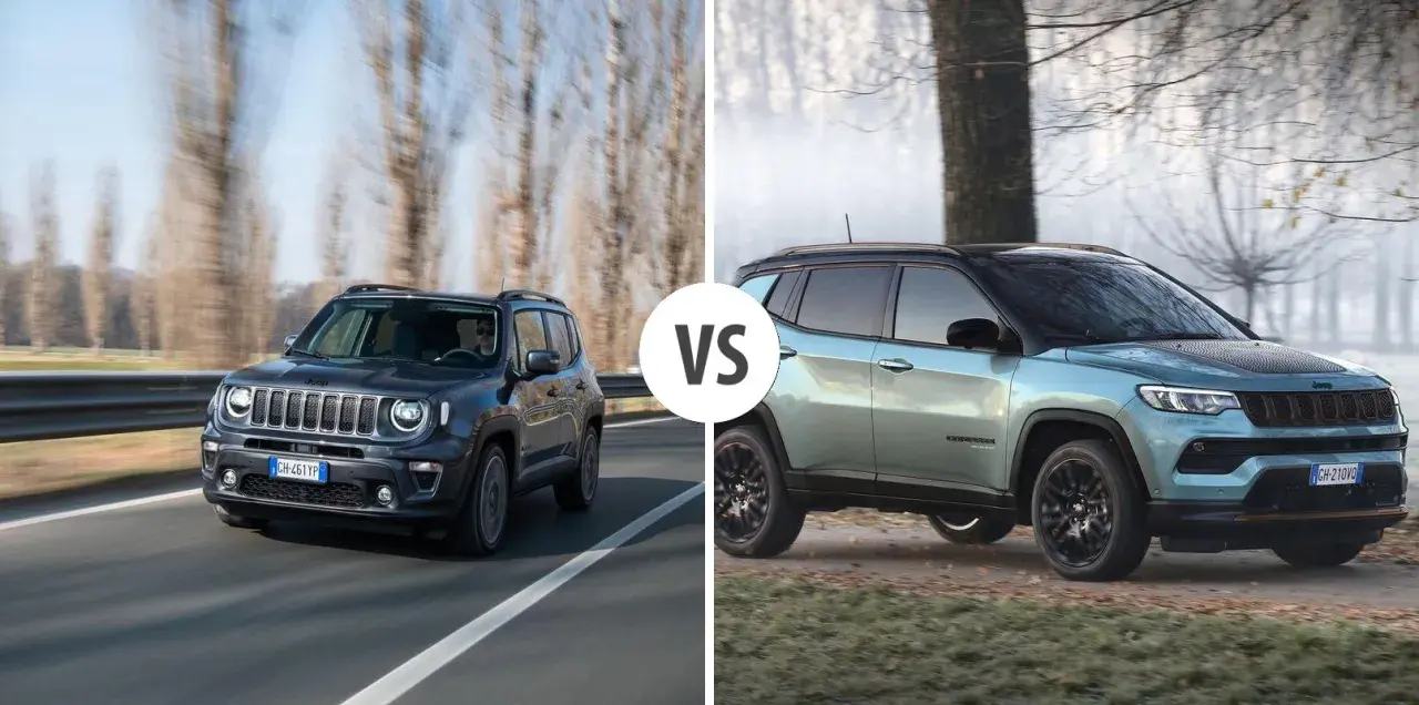 Dwa jeep suv: ciemny Renegade na drodze i jasny Compass na tle drzew.