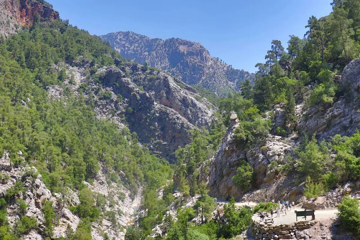 Wanderweg durch eine grüne Schlucht auf Kreta, mit Felsen und Bäumen, die sich an steilen Hängen emporranken.