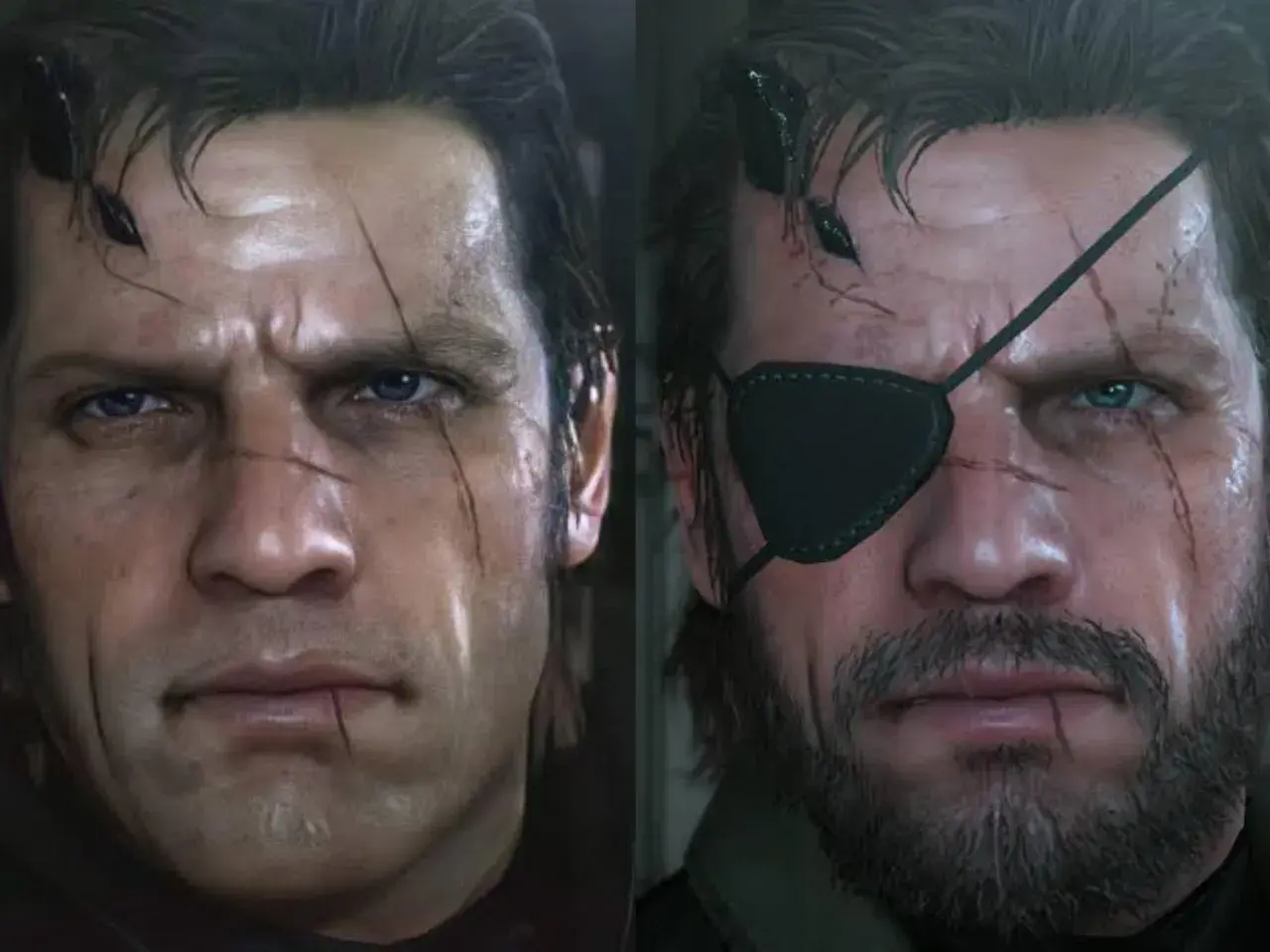 Dwa zbliżenia twarzy, po lewej bez opaski na oko, po prawej z opaską. Obaj wyglądają jak Venom Snake, z bliznami i zmęczonym wyrazem.