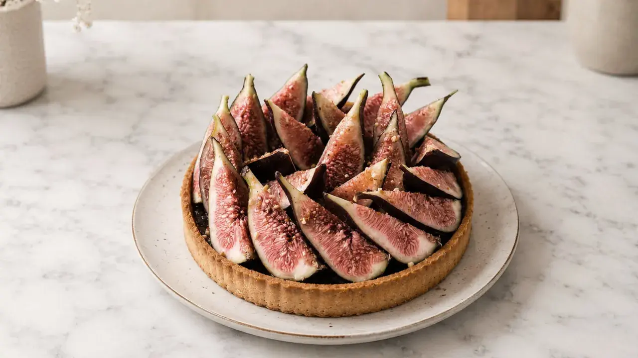 Tarte aux figues fraîchement préparée, garnie de quartiers de figues rouges et d'une touche de noix concassées. Un délice visuel et gustatif.