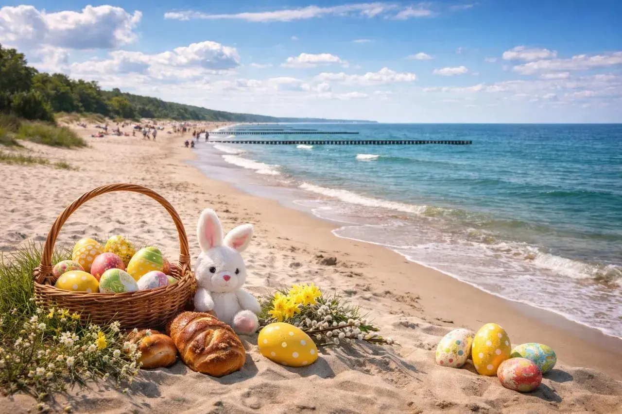Koszyk z pisankami, zajączek i chleb na plaży. Czy 6 kwietnia jest wolny? Słońce, morze i wakacyjny nastrój.