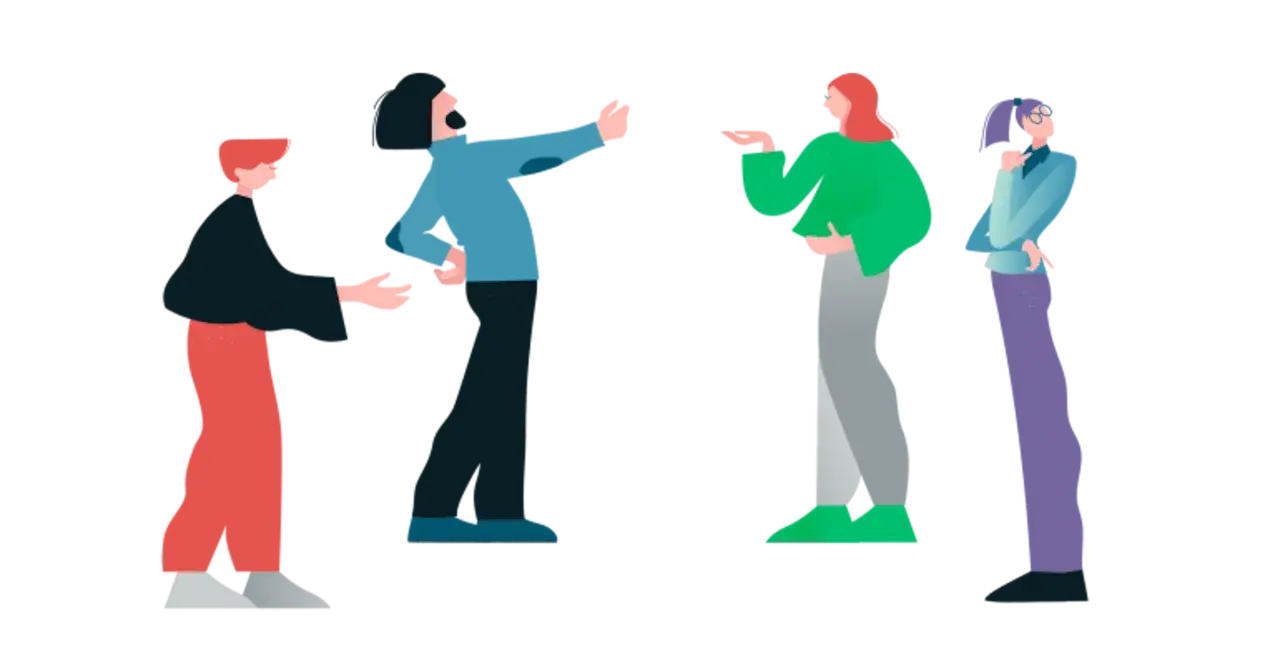 Vier stilisierte Figuren diskutieren hitzig. Ein Mann mit Bart zeigt gestikulierend, während eine Frau mit roten Haaren die Hände ausstreckt. Dies sind typische Konflikte in der Schule.