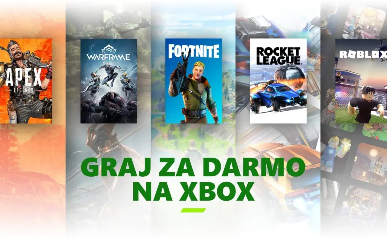 Graj za darmo na Xbox! Zobacz okładki gier: Apex Legends, Warframe, Fortnite, Rocket League i Roblox.