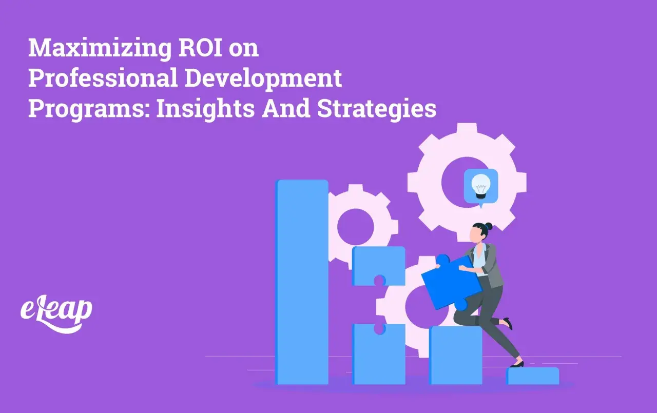 Maximizing ROI on professional development programs: A woman places a puzzle piece, symbolizing executive leadership development training, amidst gears and rising bars.