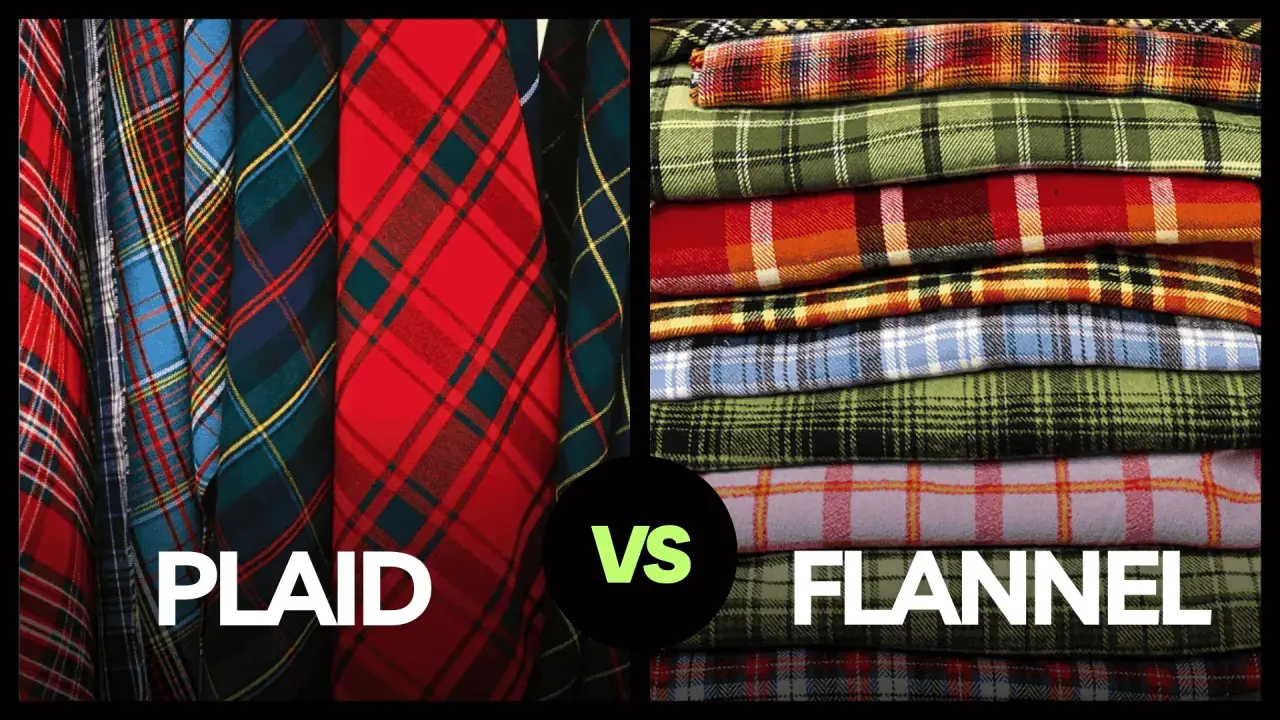 Plaid is a pattern, while flannel is a soft, woven fabric. This image shows a side-by-side comparison of plaid fabrics and stacked flannel shirts.