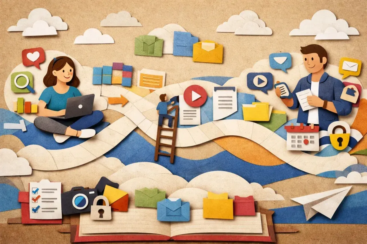 Illustrazione in carta ritagliata: persone che lavorano, icone digitali e concetti di problem solving esempi.