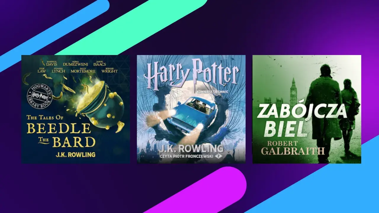 Okładki książek J.K. Rowling: "Baśnie barda Beedle'a", "Harry Potter i Komnata Tajemnic" (kiedy J.K. Rowling napisała Harry'ego Pottera) oraz "Zabójcza biel" Roberta Galbraith.