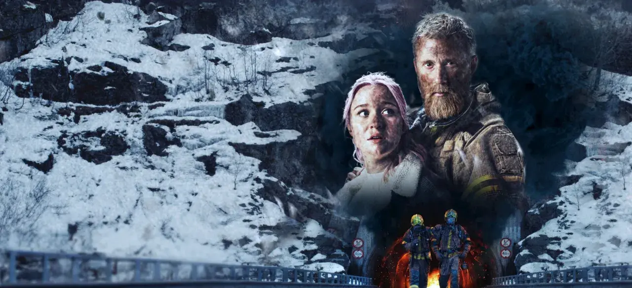 En räddare skyddar en ung kvinna i en snöig tunnel. Två brandmän närmar sig.
