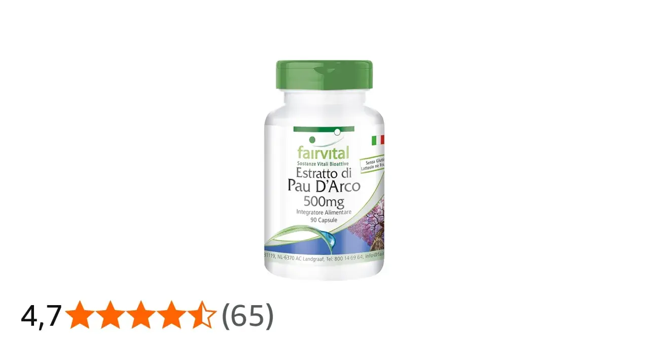 Integratore alimentare Fairvital Estratto di Pau D'Arco 500mg, 90 capsule. Senza glutine e lattosio.