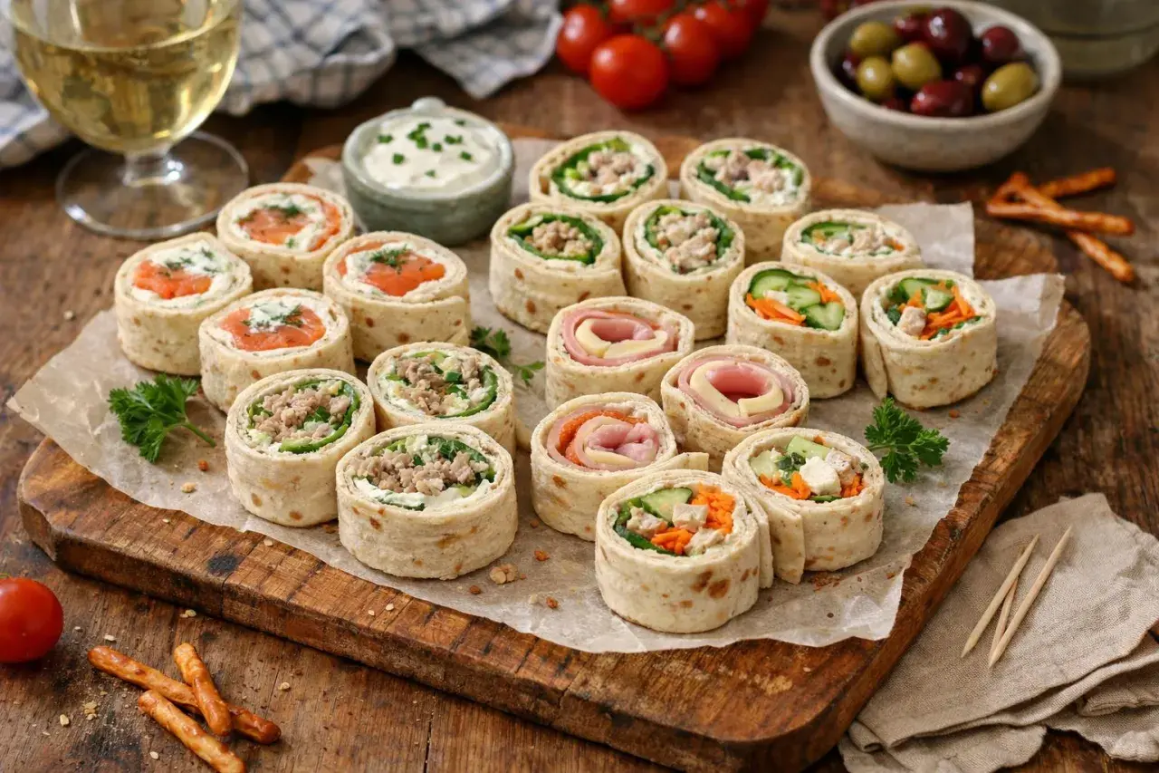 Plateau de wrap apéro garni de saumon, viande hachée, jambon et crudités. Parfait pour un apéritif convivial.