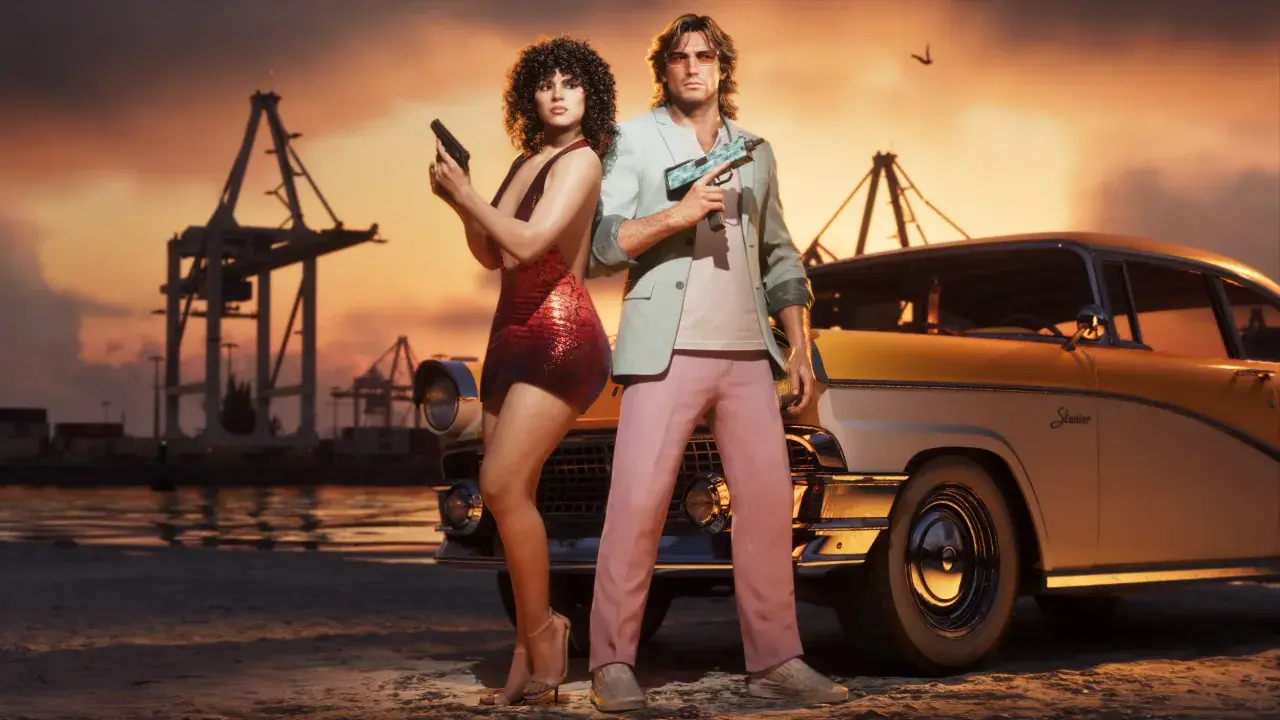 Para, czy GTA 6 będzie na PS4? Para z bronią przy retro aucie, w tle port i zachód słońca.