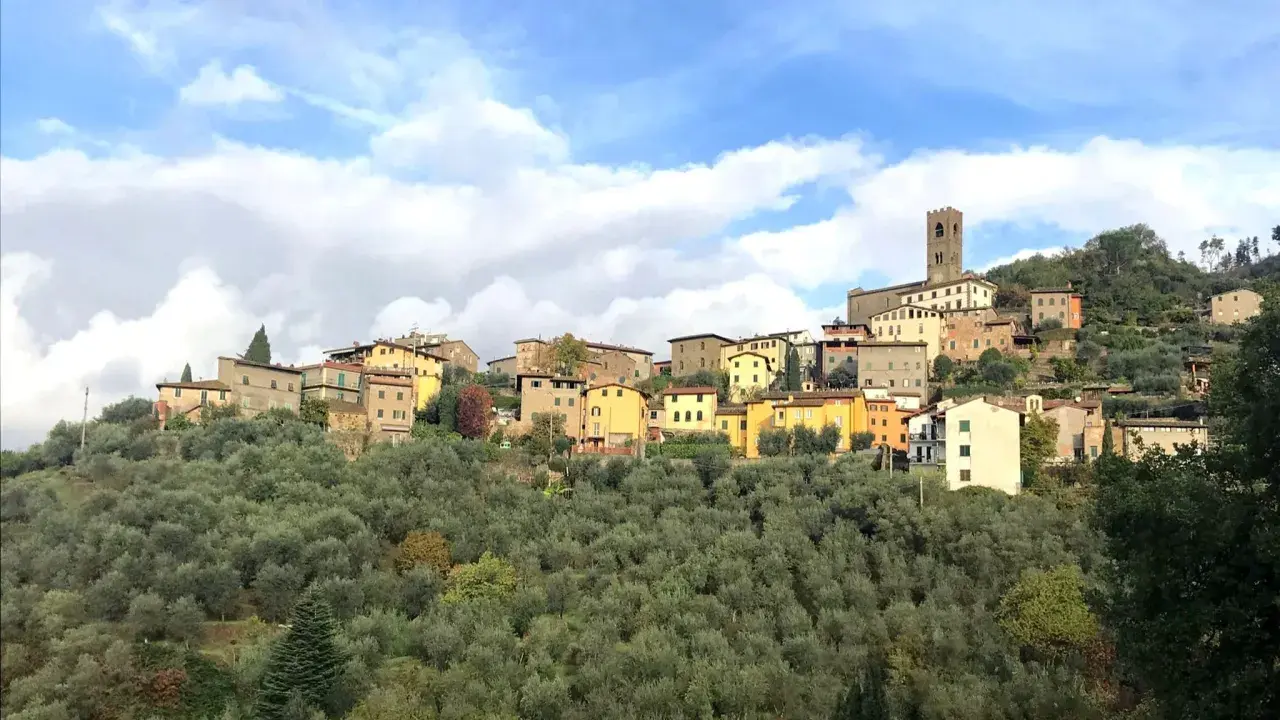 Un pittoresco borgo a Buggiano, con case colorate arroccate su una collina ricoperta di ulivi, sotto un cielo azzurro con nuvole bianche.