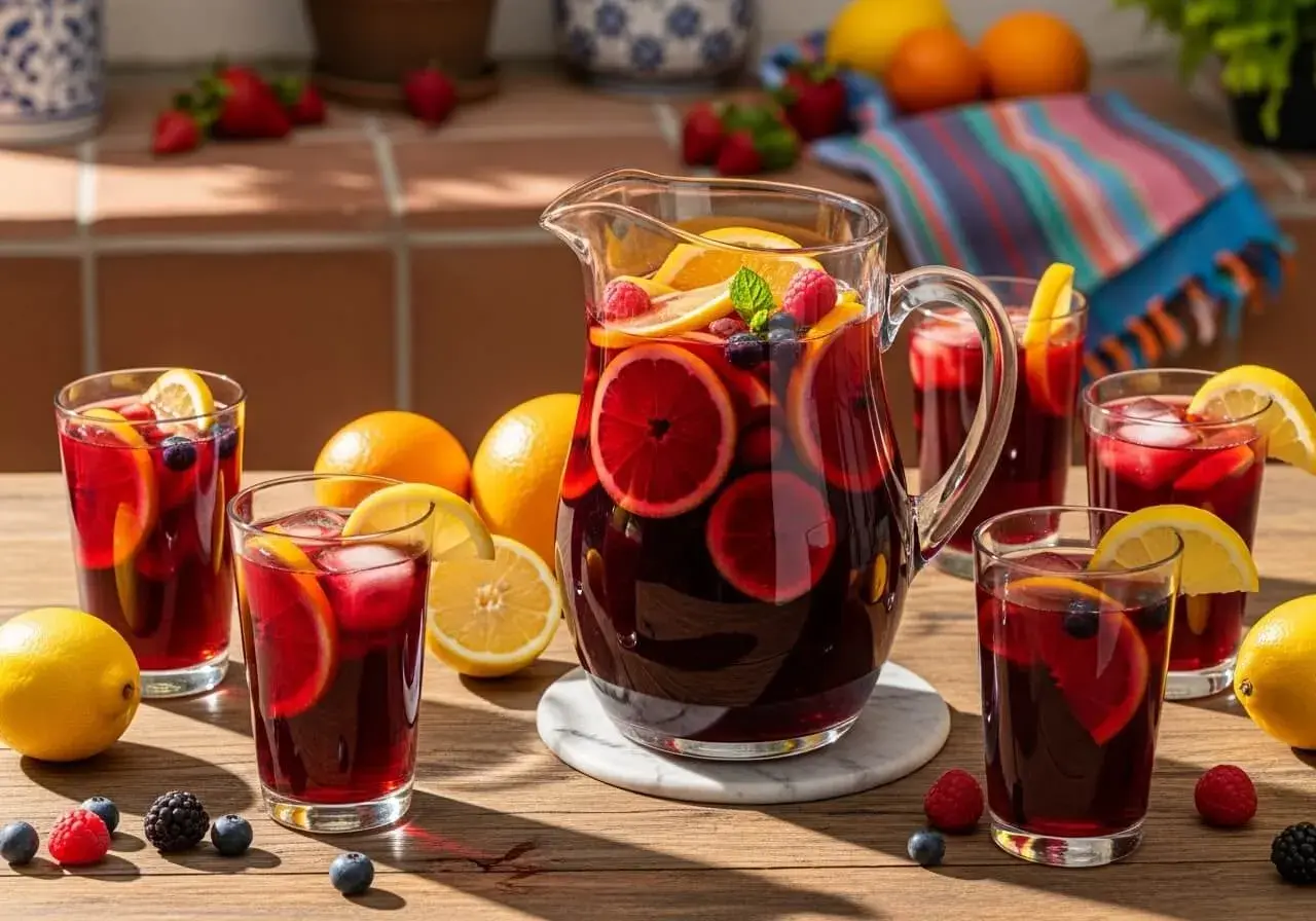 Erfrischendes Sangria Rezept mit Orangen, Beeren und Zitronenspalten. Perfekt für heiße Tage!