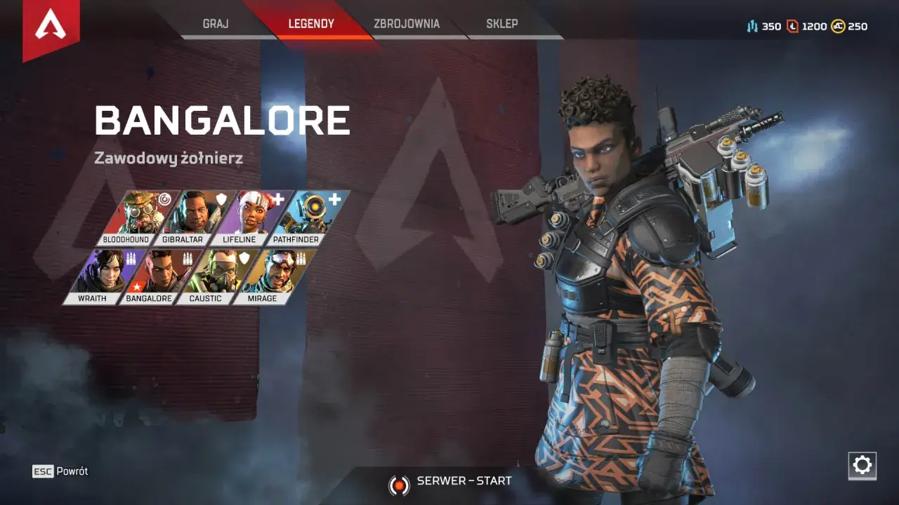 Wybór postaci w Apex Legends. Widoczna Bangalore, "Zawodowy żołnierz", obok innych legend: Wraith, Bloodhound, Gibraltar, Lifeline, Pathfinder, Caustic i Mirage.