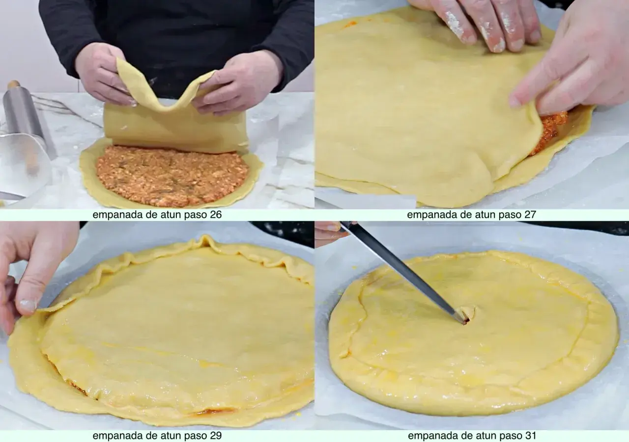 Manos cubriendo un relleno con masa empanada, creando una deliciosa empanada.