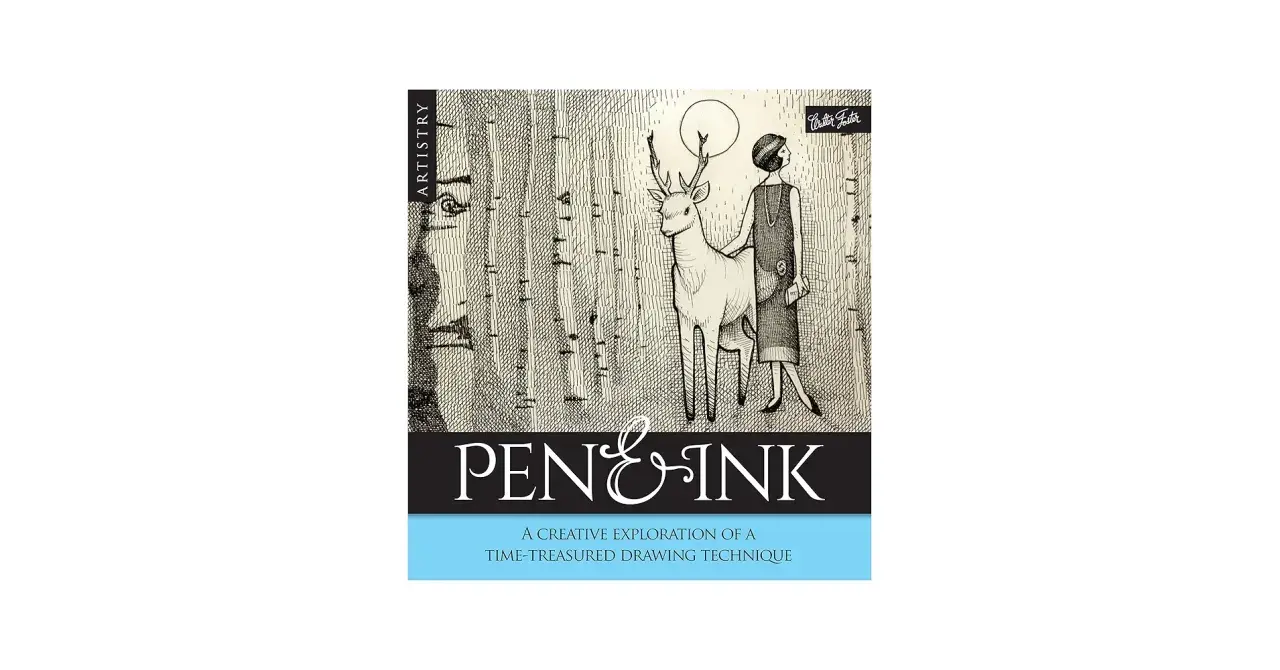 Pen and ink drawings showcase a woman and deer in a forest. The book title "Pen & Ink" is prominently displayed.