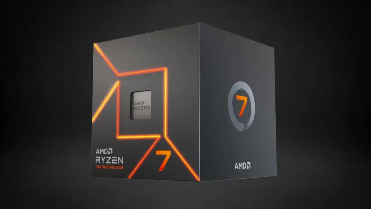 AMD Ryzen 7 7000 Series Prozessor-Box mit leuchtenden Linien. Der Ryzen Master ist bereit für Höchstleistungen.