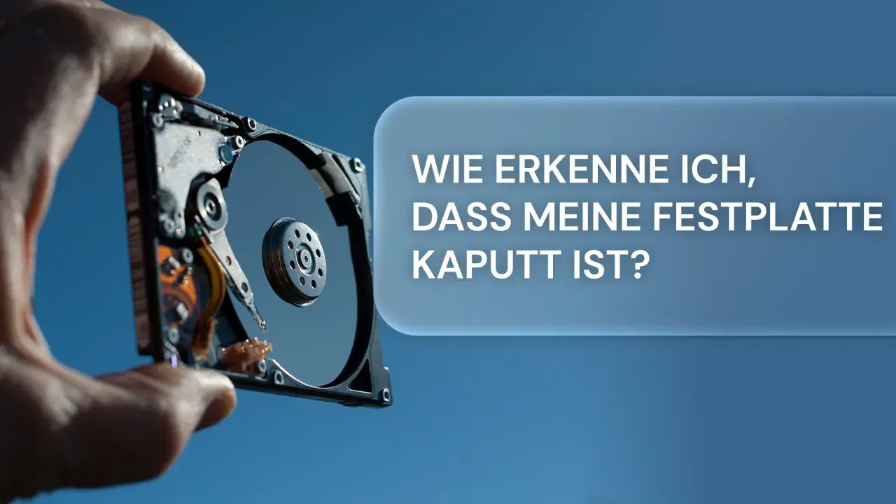 Hand hält defekte Festplatte. Text: "Wie erkenne ich, dass meine Festplatte kaputt ist?" - typische festplatte defekt symptome.
