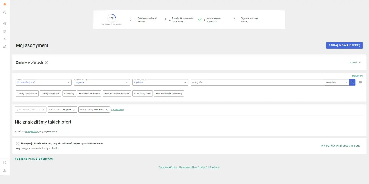 Panel zarządzania ofertami na marketplace. Widzisz tu kroki do rozpoczęcia sprzedaży, filtry ofert i przycisk "Dodaj nową ofertę".