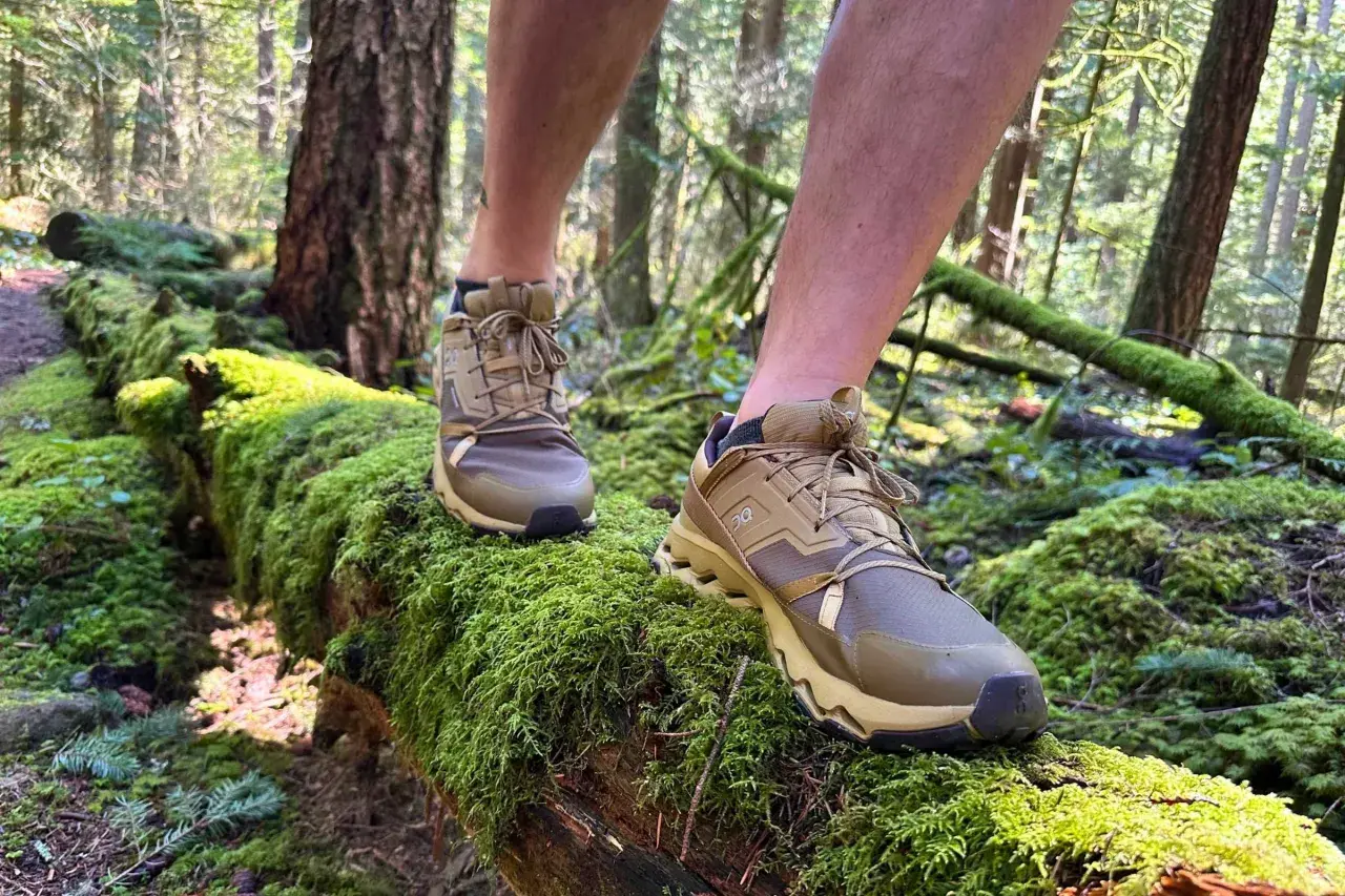 These tan hiking shoes are perfect for exploring moss-covered logs in the forest. You can wear hiking shoes everyday for comfort and support on any terrain.