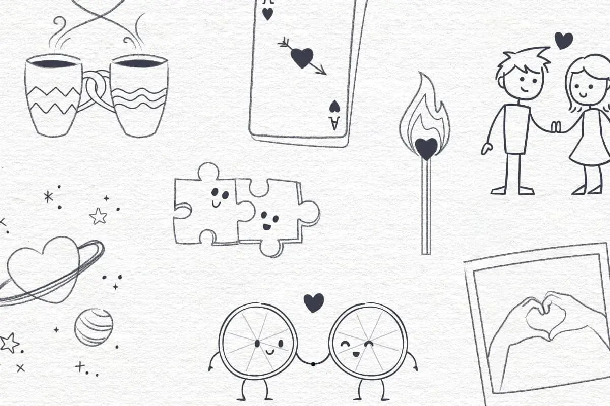 Tiernos dibujos de amor: tazas humeantes, pareja de rompecabezas, cerilla encendida, pareja de palitos, naranjas enamoradas y manos formando un corazón.