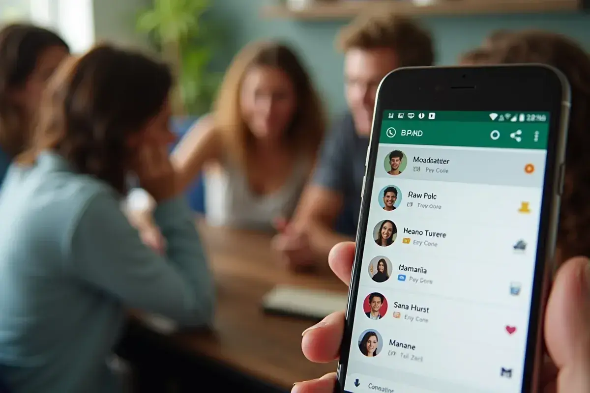 Osoba trzyma telefon z listą kontaktów WhatsApp, pokazując, jak zrobić ankietę na WhatsAppie. W tle widać grupę przyjaciół.