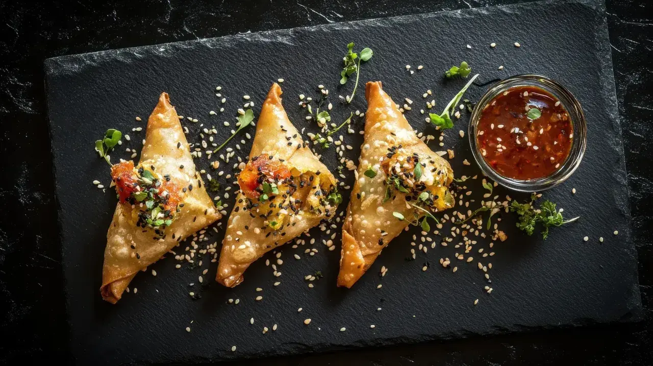 Trois samoussas dorés garnis de graines de sésame et de pousses, servis avec une sauce épicée. Une recette samoussa qui met l'eau à la bouche !
