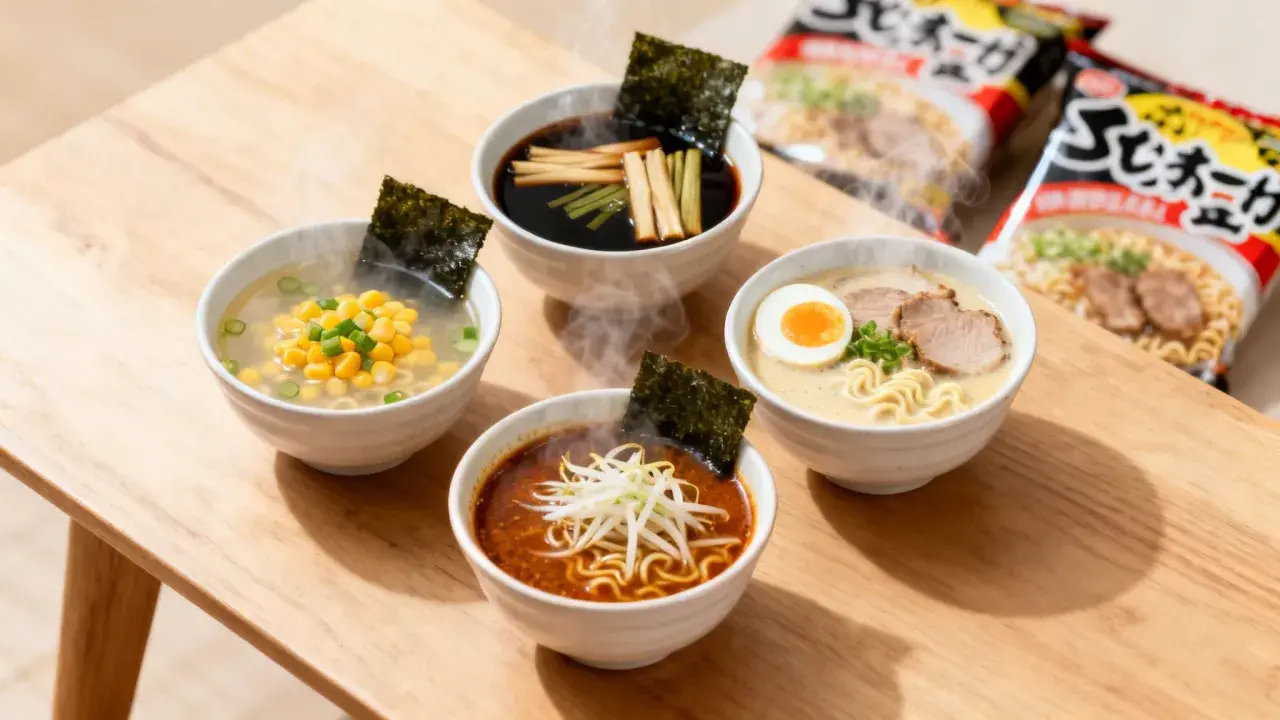 Fyra skålar med ångande nudlar, olika toppingar och nori. Ett perfekt nudlar recept för en snabb och god måltid.