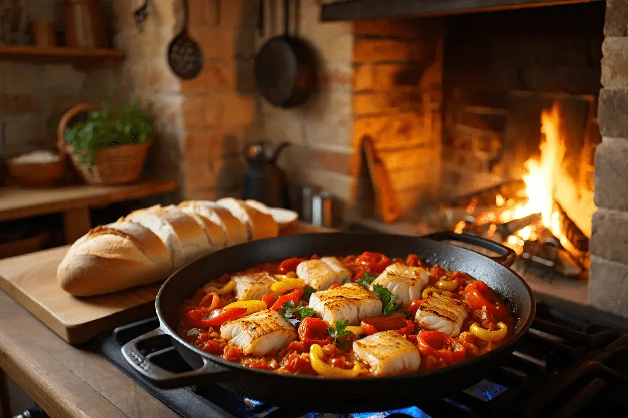 Bacalao ajoarriero en sartén, con pimientos y pan rústico, junto a una chimenea encendida.