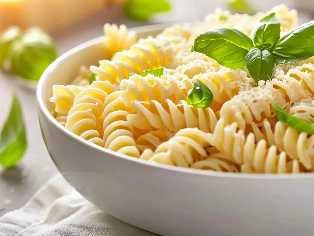 En skål med fusilli-pasta, toppad med riven ost och färsk basilika. Perfekt för ett snabbt pastasås recept.