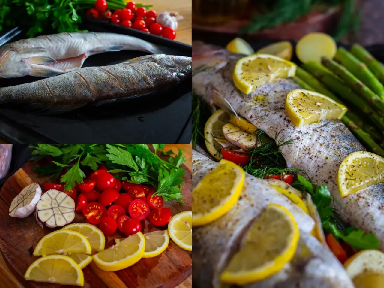 Här förbereds hel regnbåge i ugn med citron, tomater, vitlök och dill. Snart redo att bakas!