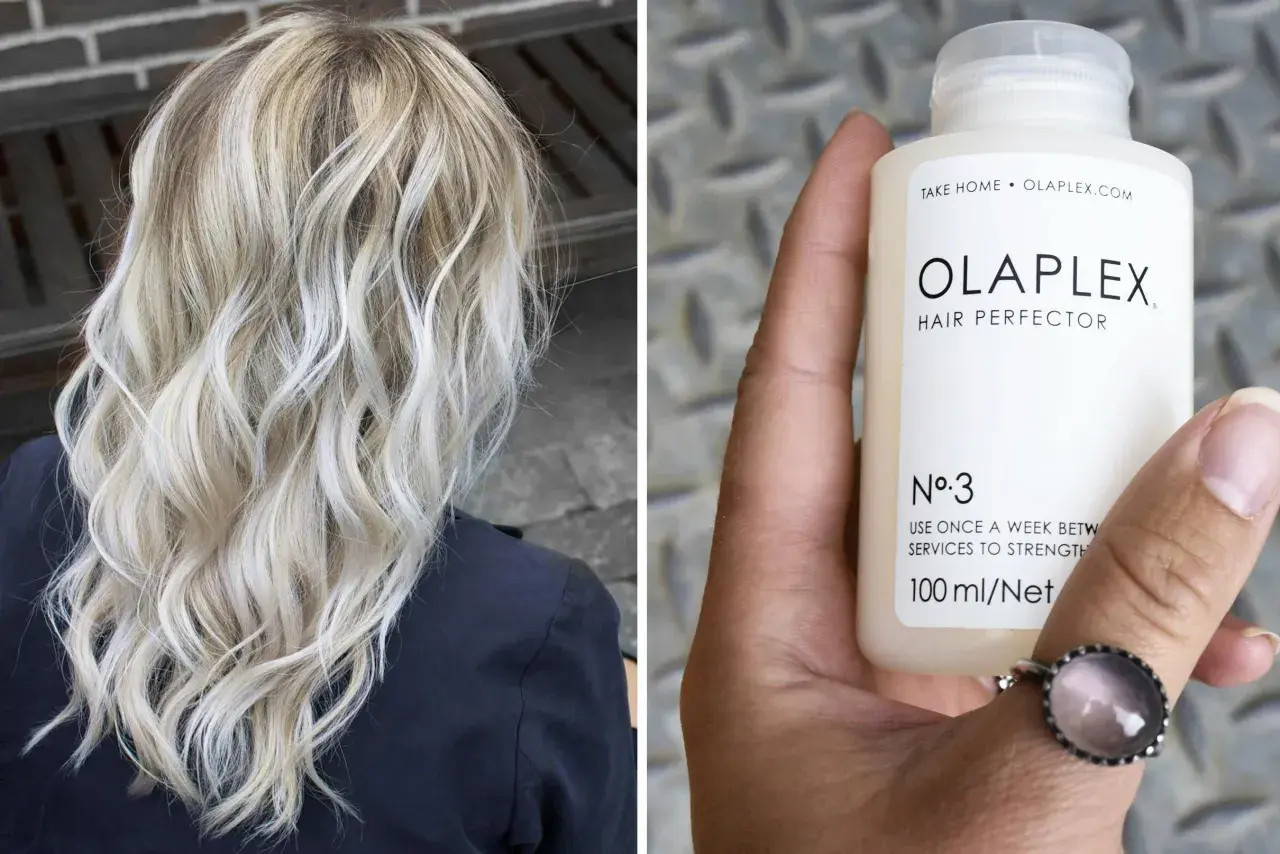 Vacker blont hår som stylats med vågor. En hand håller en flaska Olaplex No. 3, en hårbehandling för styrka.