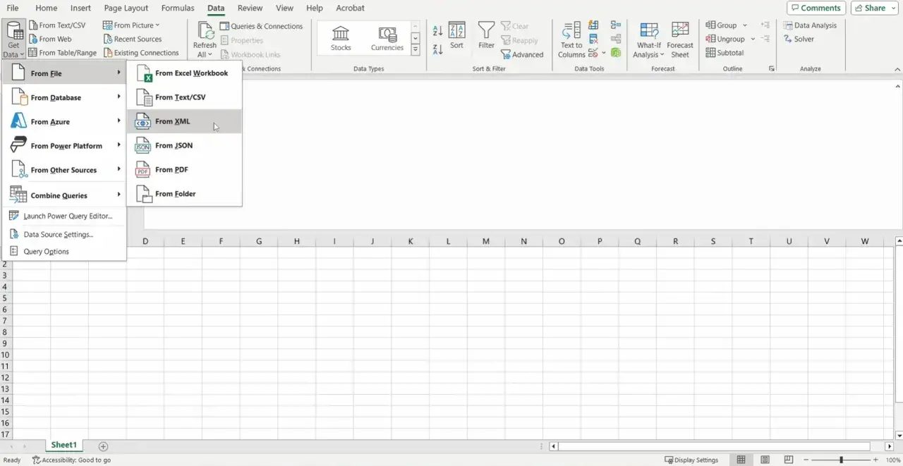 Menu Dati in Excel, opzione "Da file" > "Da XML". Importa dati strutturati in fogli di calcolo.
