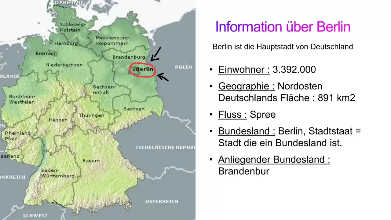Karte Deutschlands mit markiertem Berlin. Text erklärt, dass Berlin ein Bundesland ist, die Hauptstadt und von Brandenburg umgeben.