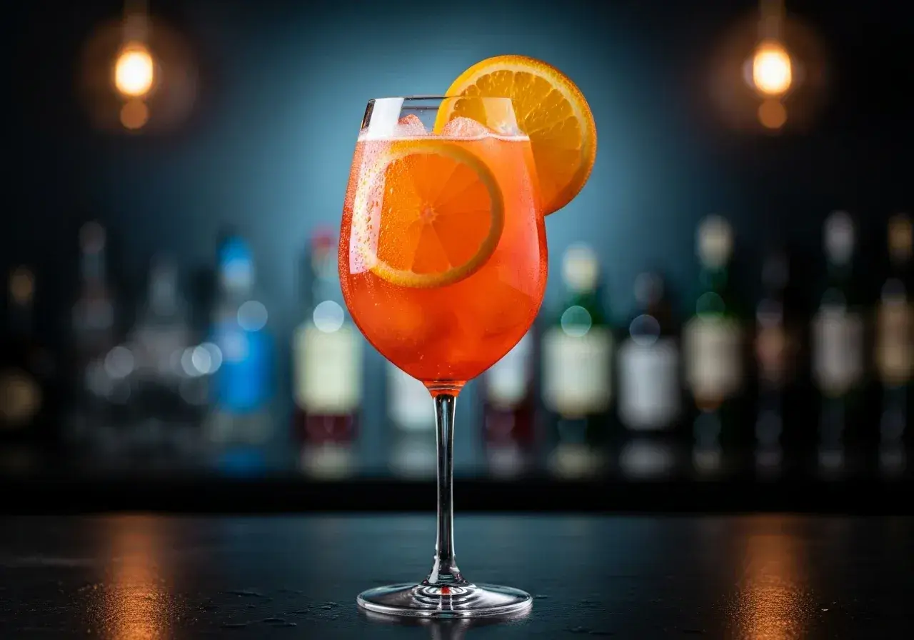 Ett glas med en orange aperol drink utan prosecco, garnerad med apelsinskivor och is. Bakom syns en barmiljö med flaskor.