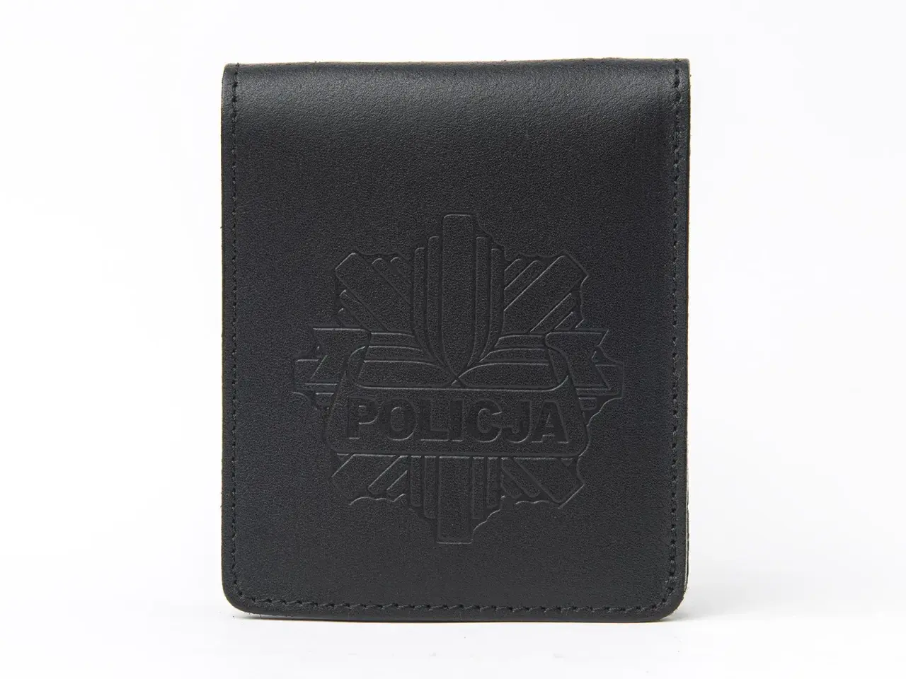 Czarne, skórzane etui na legitymację z wytłoczonym godłem Policji. Zapewnia skuteczną ochronę dokumentu.